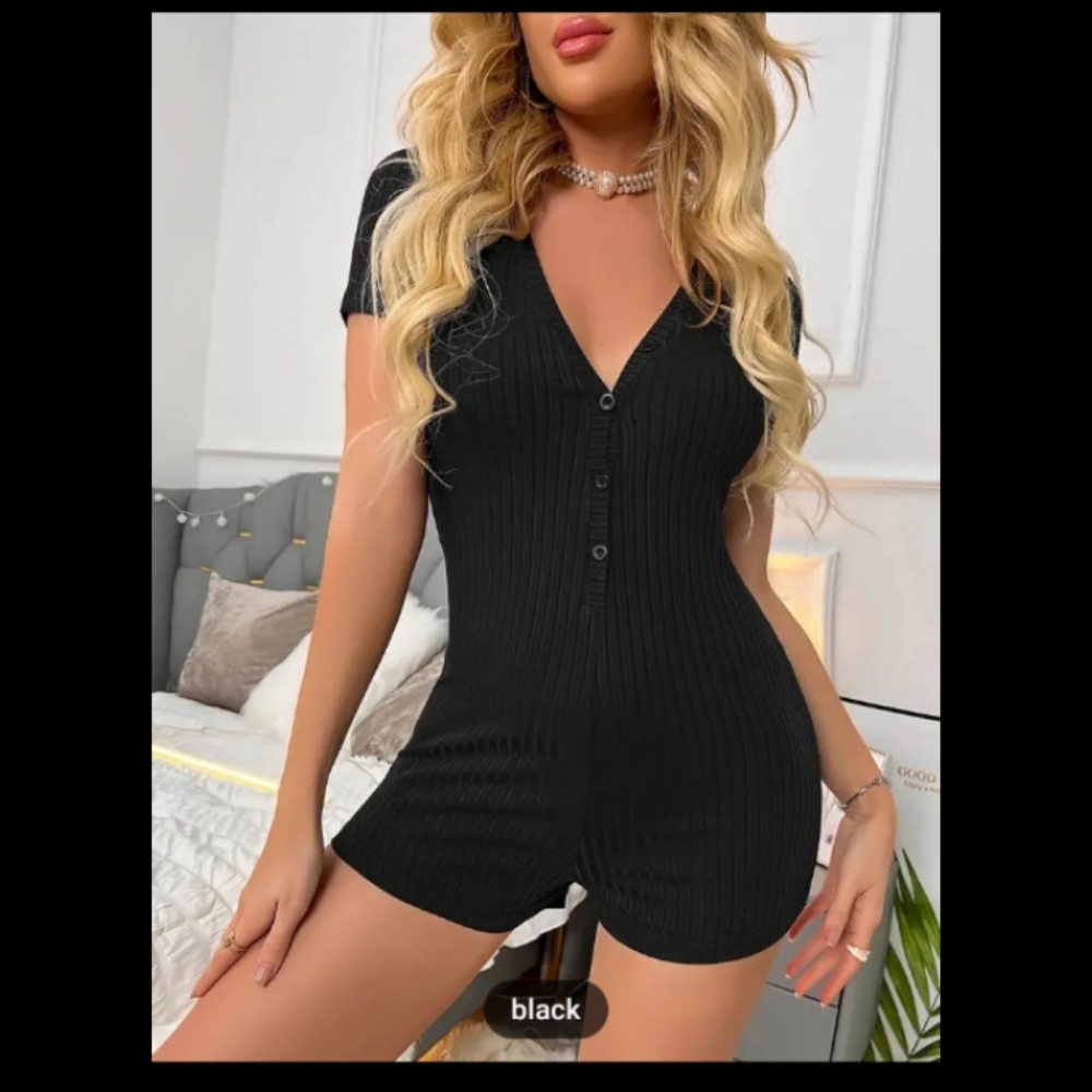 Comfy V- Neck Ribbed Pajama Romper/Sleepwear
